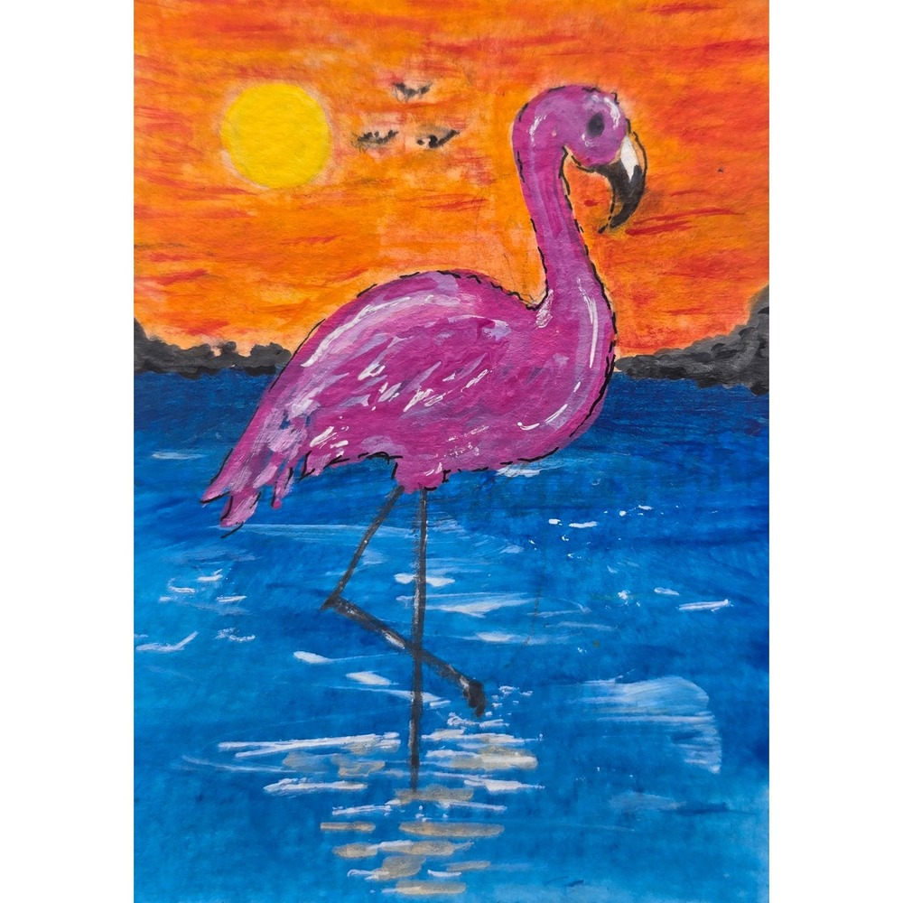 ACEO Pink Flamingo Sunset Acrylic Painting Tropical Bird Ocean Scene OOAK Signed